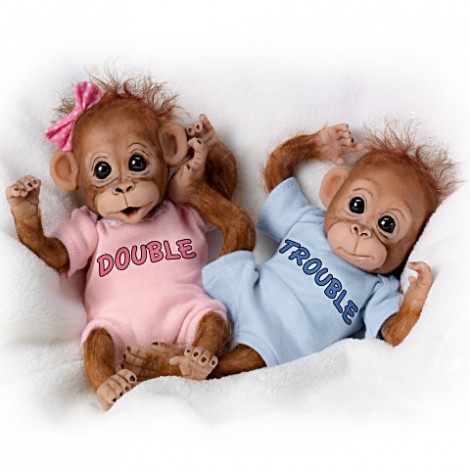 Twins Sister Double and Trouble Poseable Baby Orangutan  With Wispy Hair